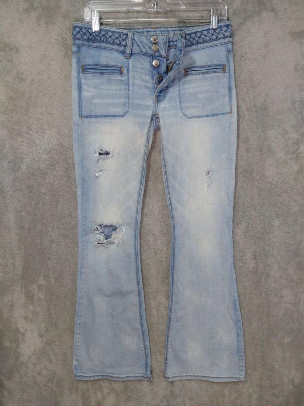 American Eagle Jeans Women 6 Blue Denim Artist Flare Super Stretch Distressed
